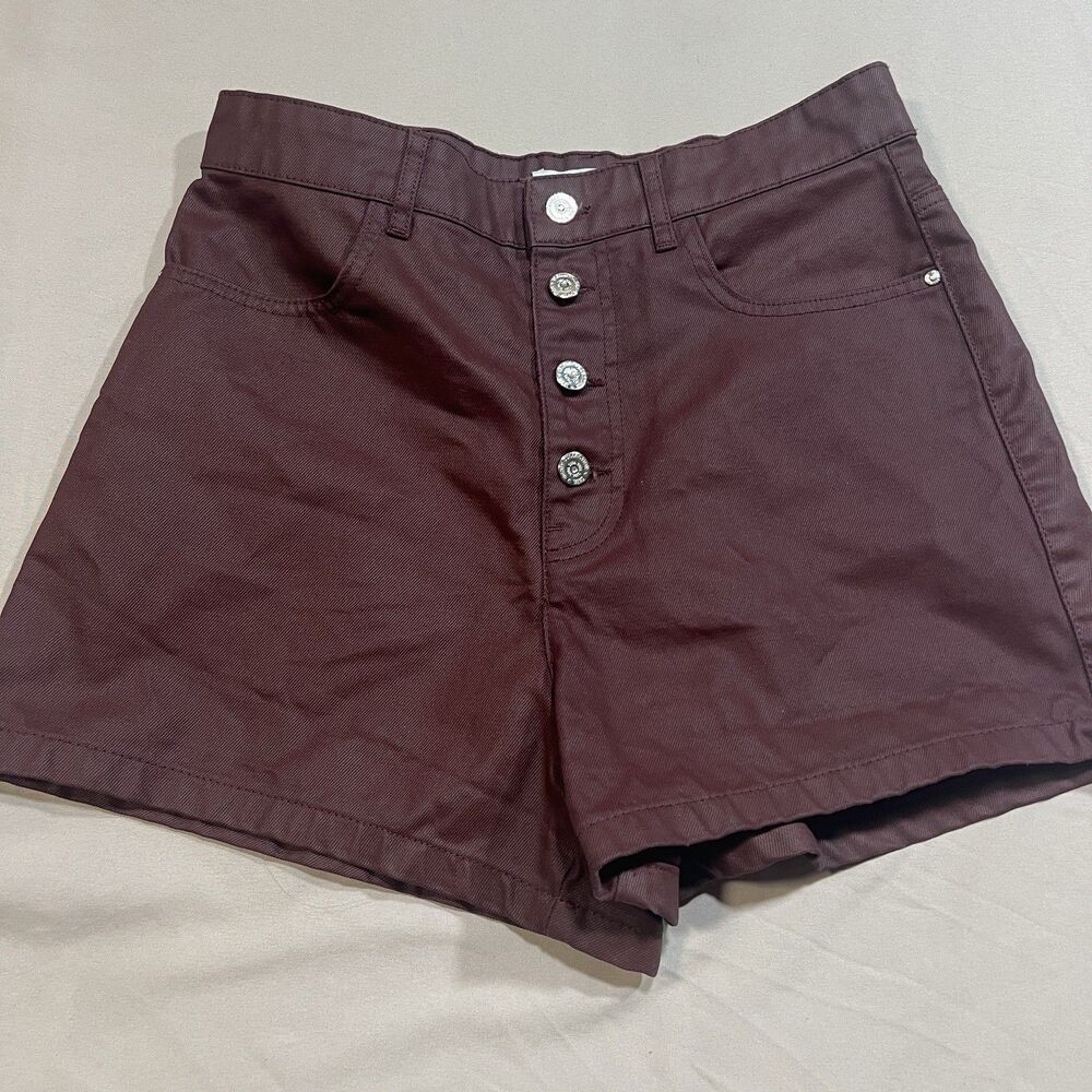 Zara Coated Mom Fit Shorts Burgundy Wine Red Button Fly High Waist Size US 8